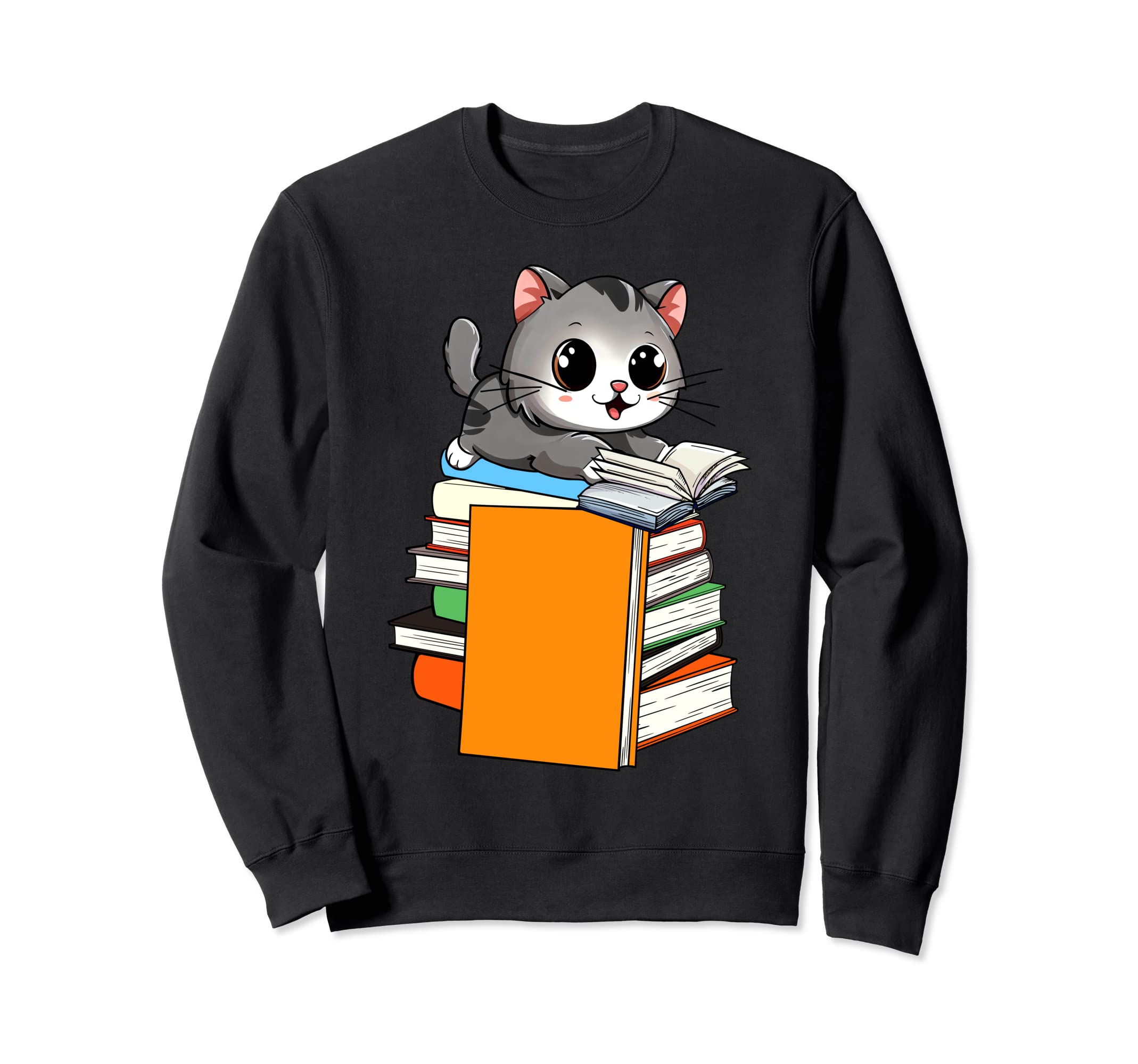 Kawaii Cat Books Funny Book Nerd Sweatshirt - Custom Art Print Men Women - T-Shirt, Sweatshirt, Hoodie