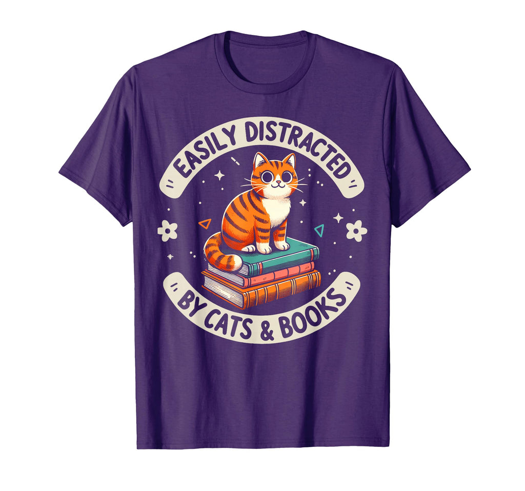 Easily Distracted Cats And Books Bookworm T-Shirt - Unique Graphic Unisex - T-Shirt, Sweatshirt, Hoodie