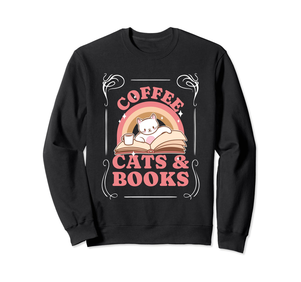 Coffee Cats And Books Books Cat Sweatshirt - Minimalist Print Men Women - T-Shirt, Sweatshirt, Hoodie