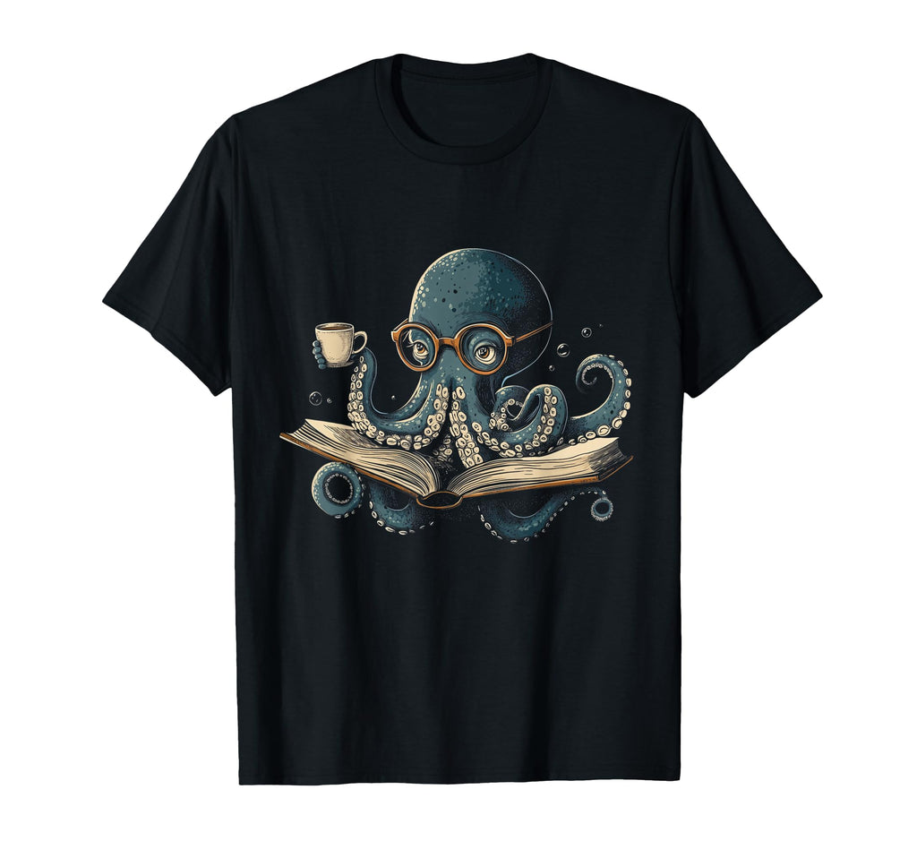 Octopus Reading Book Coffee Funny Book T-Shirt - Trendy Graphic Unisex - T-Shirt, Sweatshirt, Hoodie