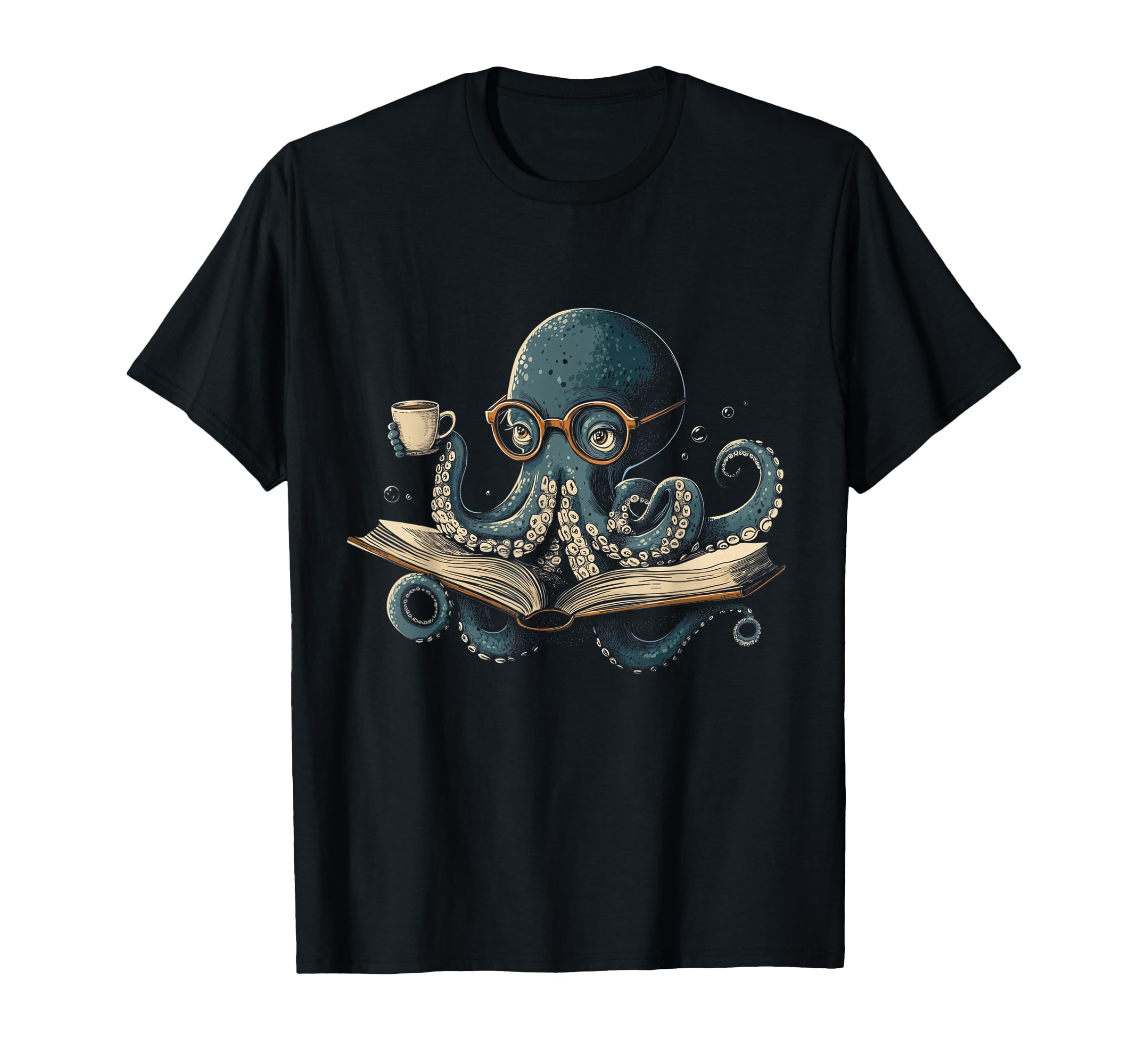 Octopus Reading Book Coffee Funny Book T-Shirt - Trendy Graphic Unisex - T-Shirt, Sweatshirt, Hoodie
