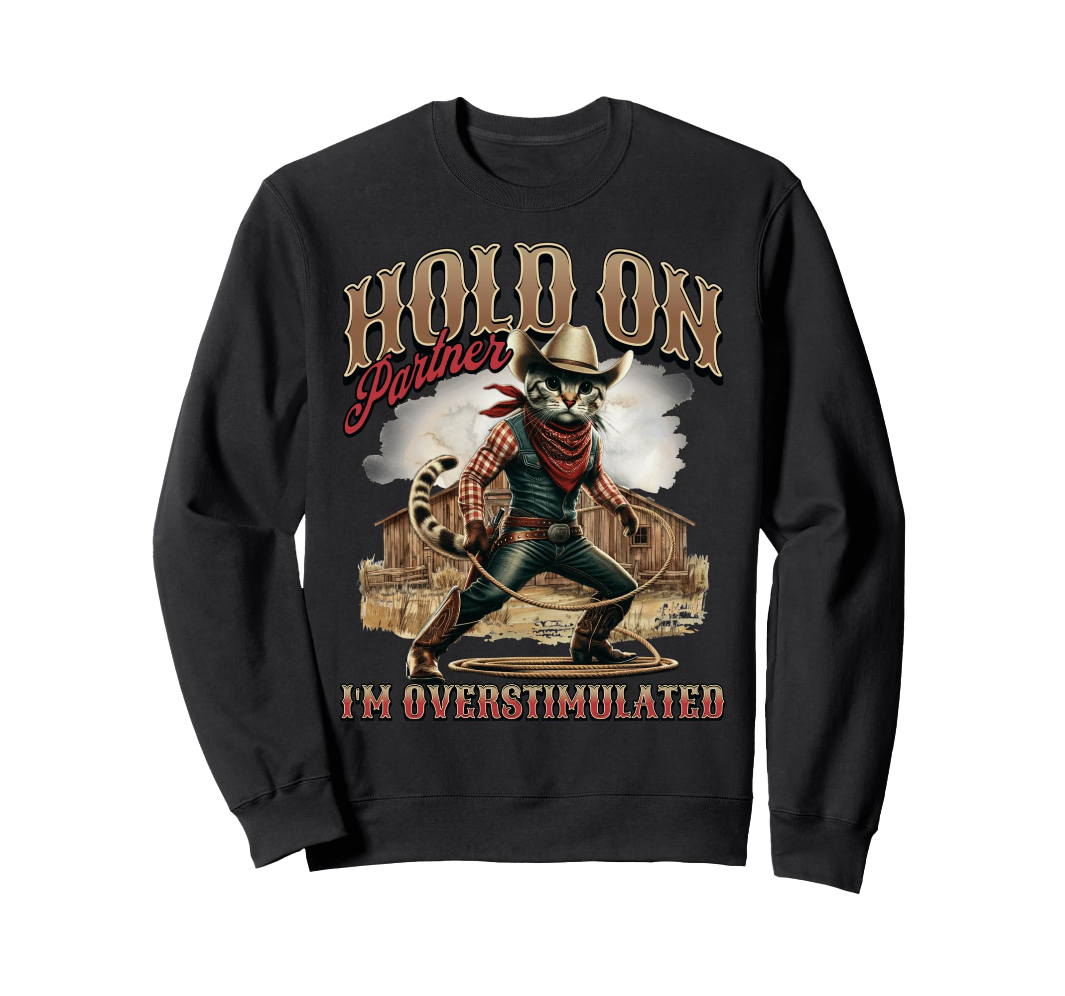 Hold Partner Im Overstimulated Western Sweatshirt - Unique Graphic Unisex - T-Shirt, Sweatshirt, Hoodie