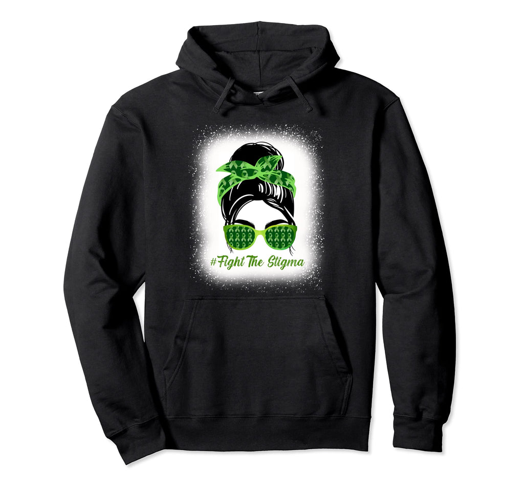 Fight Stigma Messy Bun Green Ribbon Hoodie - Minimalist Print for Adults - T-Shirt, Sweatshirt, Hoodie
