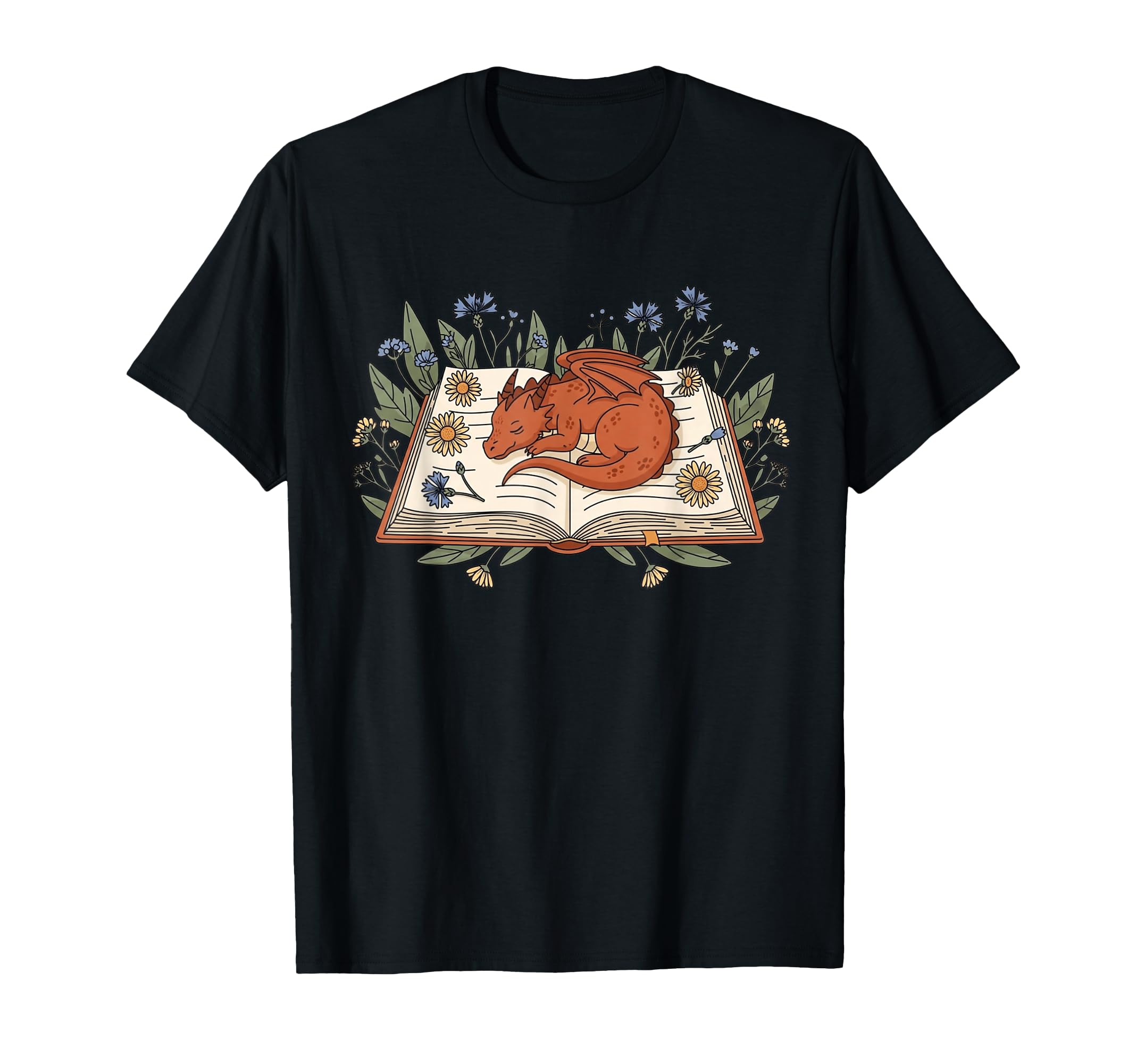 Sleeping Dragon Open Book Flowers T-Shirt - Novelty Apparel for Adults - T-Shirt, Sweatshirt, Hoodie