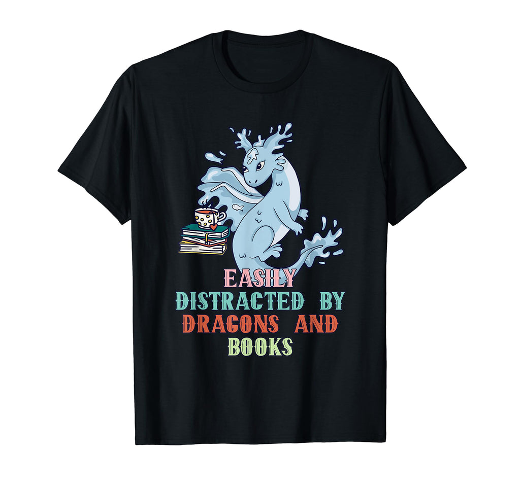 Easily Distracted Dragon And Books Funny T-Shirt - Custom Art Print Unisex - T-Shirt, Sweatshirt, Hoodie