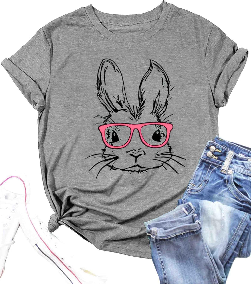 Funny Bunny Print T Shirt for Women Cute Grapic Leopard Shirts Family Blouse Gifts Easter Tops Tee - T-Shirt, Sweatshirt, Hoodie