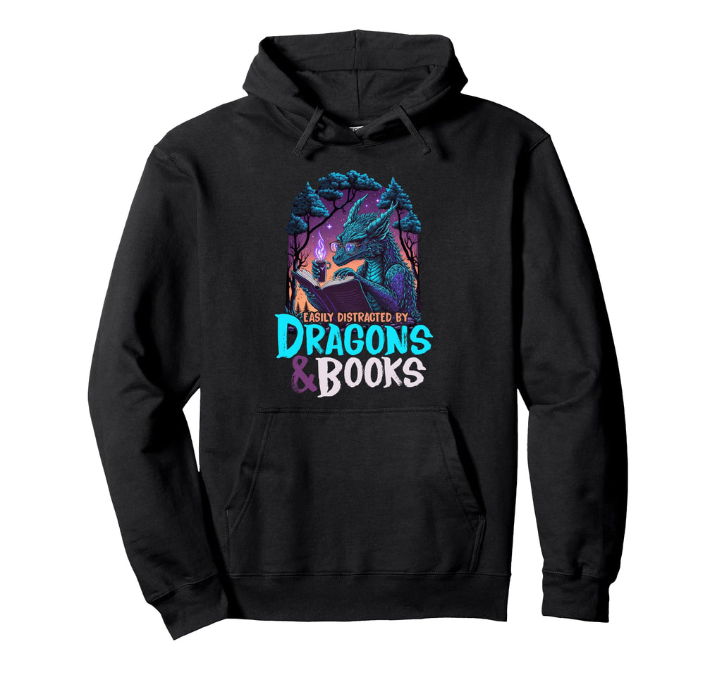 Easily Distracted Dragon And Books Hoodie - Custom Art Print for Adults - T-Shirt, Sweatshirt, Hoodie