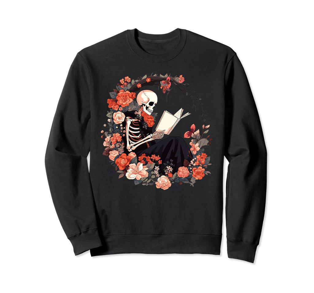 Skeleton Reading Book Lover Floral Sweatshirt - Unique Graphic Unisex - T-Shirt, Sweatshirt, Hoodie