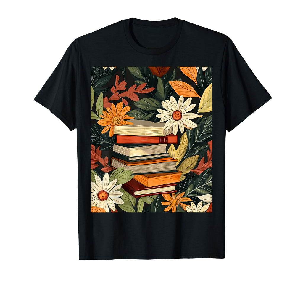 Books And Autumn Leaves Stack T-Shirt - Trendy Graphic for Adults - T-Shirt, Sweatshirt, Hoodie