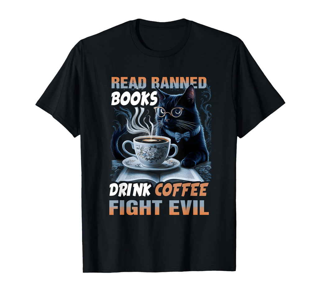 Black Cat Read Banned Books Drink T-Shirt - Trendy Graphic Men Women - T-Shirt, Sweatshirt, Hoodie