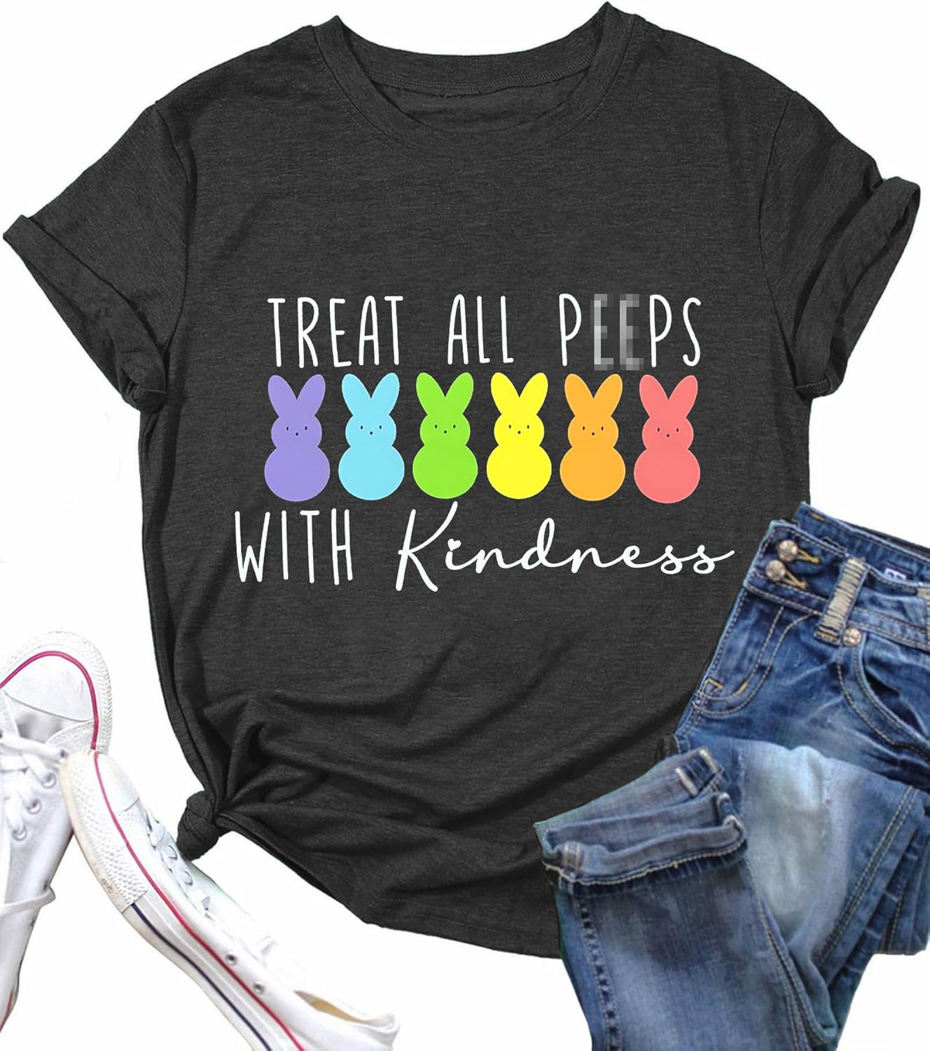 Easter Teacher Shirts for Women Treat All Peep with Kindness T-Shirt Short Sleeve Teacher Bunny Tee Tops - T-Shirt, Sweatshirt, Hoodie
