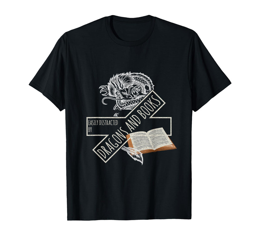 Easily Distracted Dragons And Books Nerd T-Shirt - Unique Graphic Unisex - T-Shirt, Sweatshirt, Hoodie
