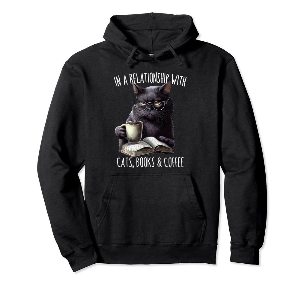 Funny Cat Coffee And Books Reading Present Hoodie - Unique Graphic Unisex - T-Shirt, Sweatshirt, Hoodie