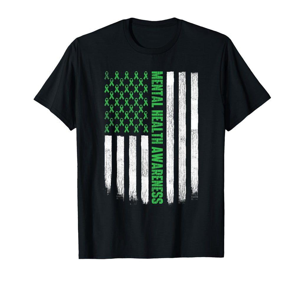 Us Flag Green Ribbon Mental Health T-Shirt - Casual Everyday Wear Unisex - T-Shirt, Sweatshirt, Hoodie