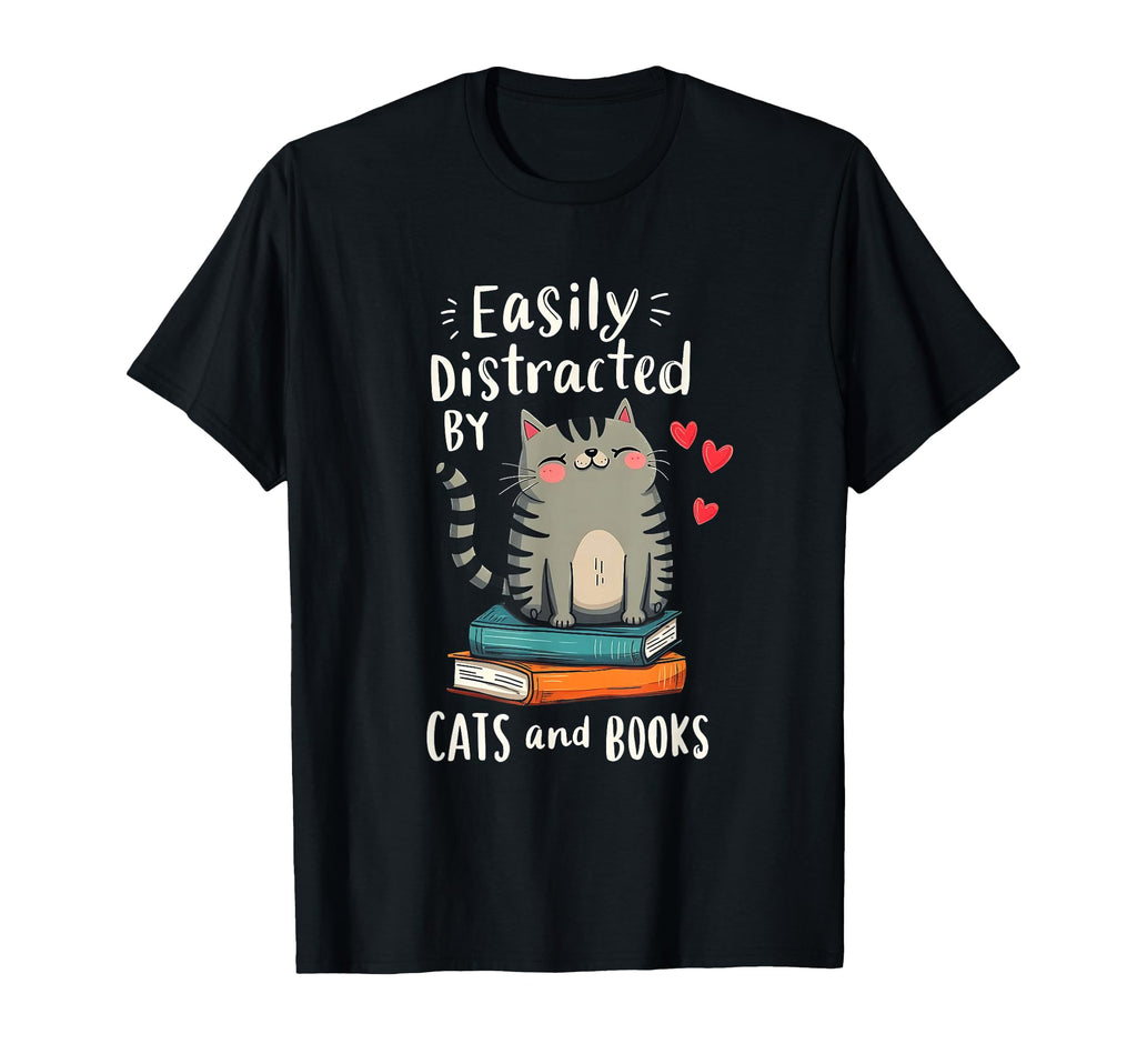 Easily Distracted Cats And Books T-Shirt - Custom Art Print Unisex - T-Shirt, Sweatshirt, Hoodie