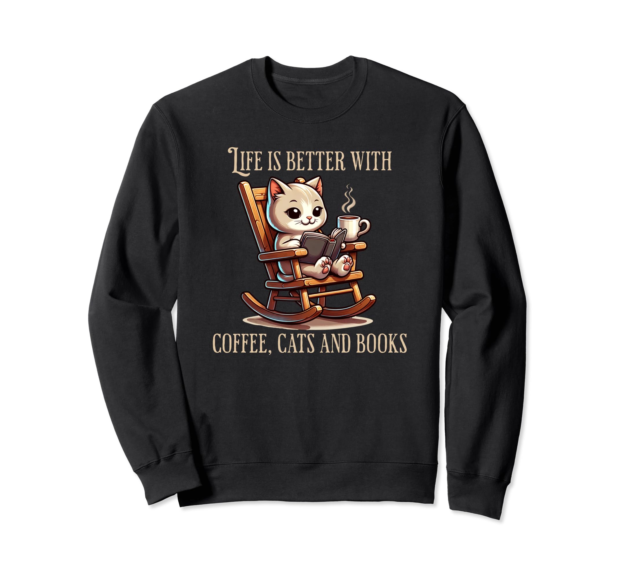 Cat Coffee Books Cat Lovers Sweatshirt - Custom Art Print for Adults - T-Shirt, Sweatshirt, Hoodie