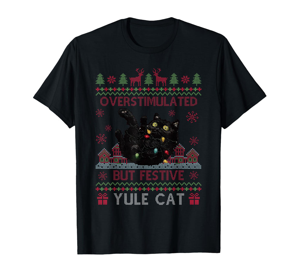 Funny Santa Yule Cat Overstimulated T-Shirt - Minimalist Print for Adults - T-Shirt, Sweatshirt, Hoodie