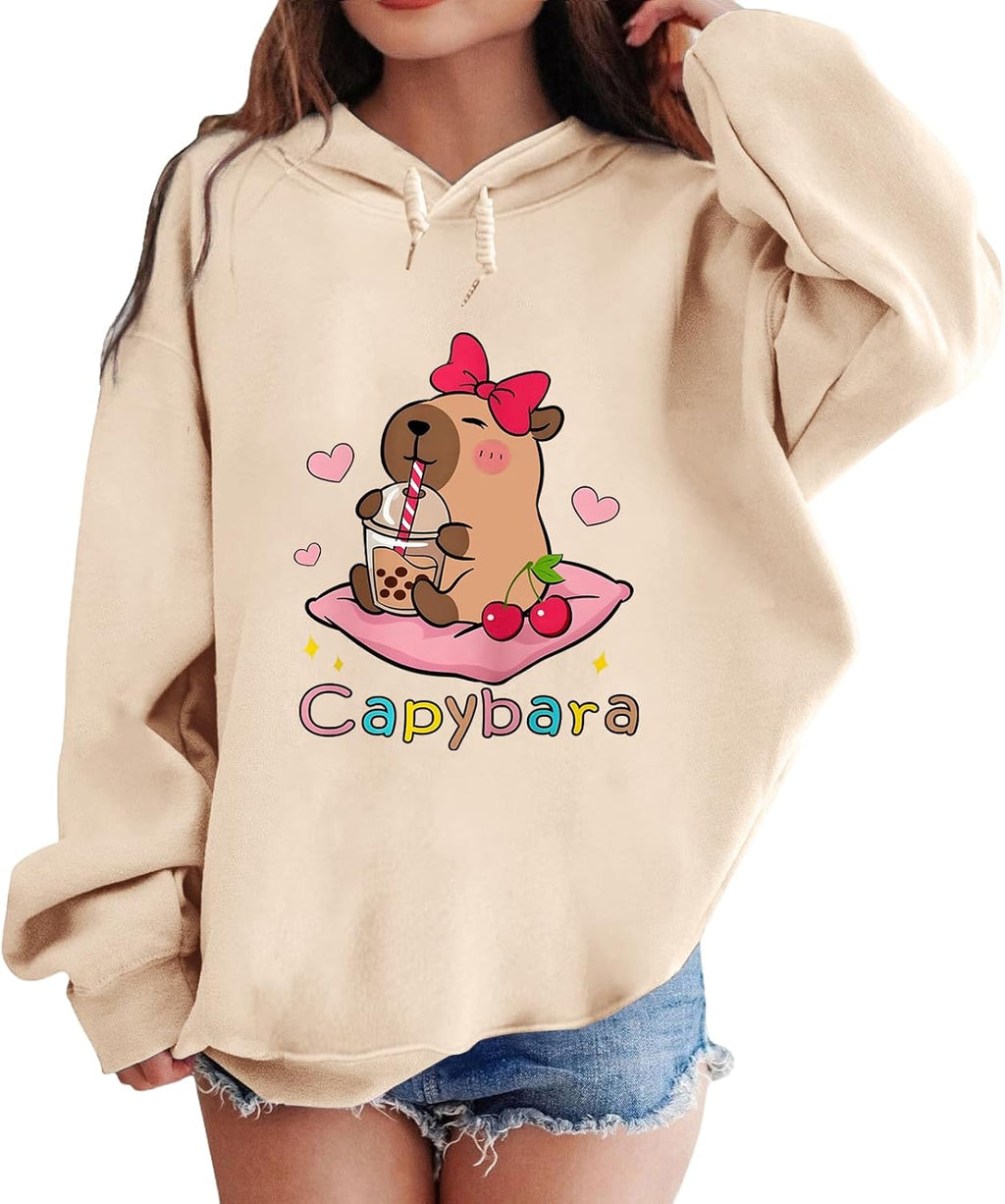 Cute Capybara Graphic Hoodies for Teen Girls Kawaii Cartoon Printed Hoodie Anime Hooded Sweatshirt Fleece Pullover - T-Shirt, Sweatshirt, Hoodie