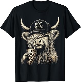 Hot Mess Highland Cow Funny Cute Coffee Lover Graphic T-Shirt Unisex T-shirt, Sweatshirt, Hoodie, Long Sleeve Tee - T-Shirt, Sweatshirt, Hoodie