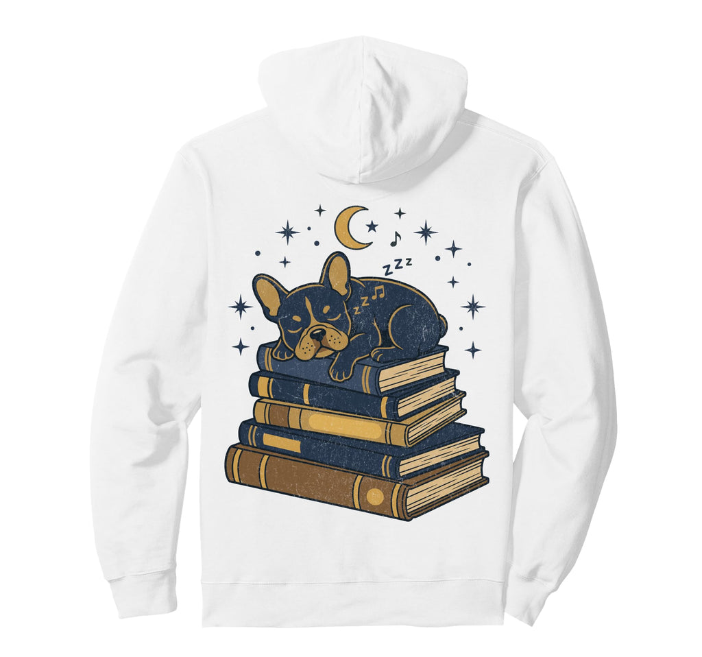 Sleeping French Bulldog Books Dark Hoodie - Custom Art Print Men Women - T-Shirt, Sweatshirt, Hoodie