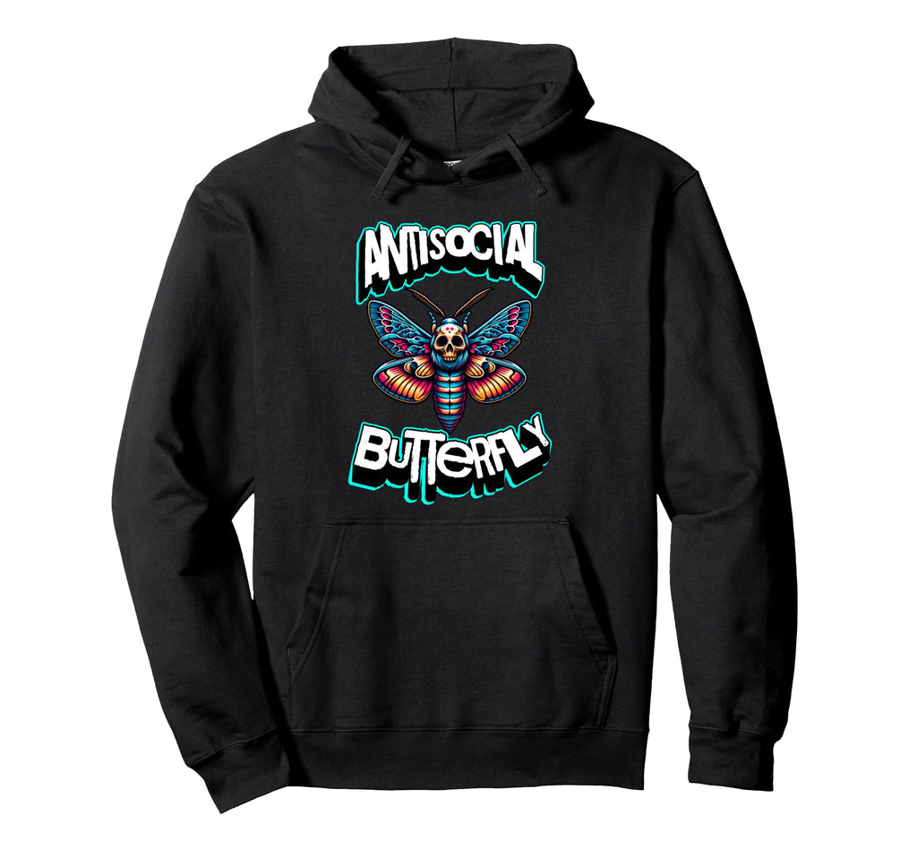 Antisocial Butterfly Funny Death Head Hoodie - Minimalist Print for Adults - T-Shirt, Sweatshirt, Hoodie