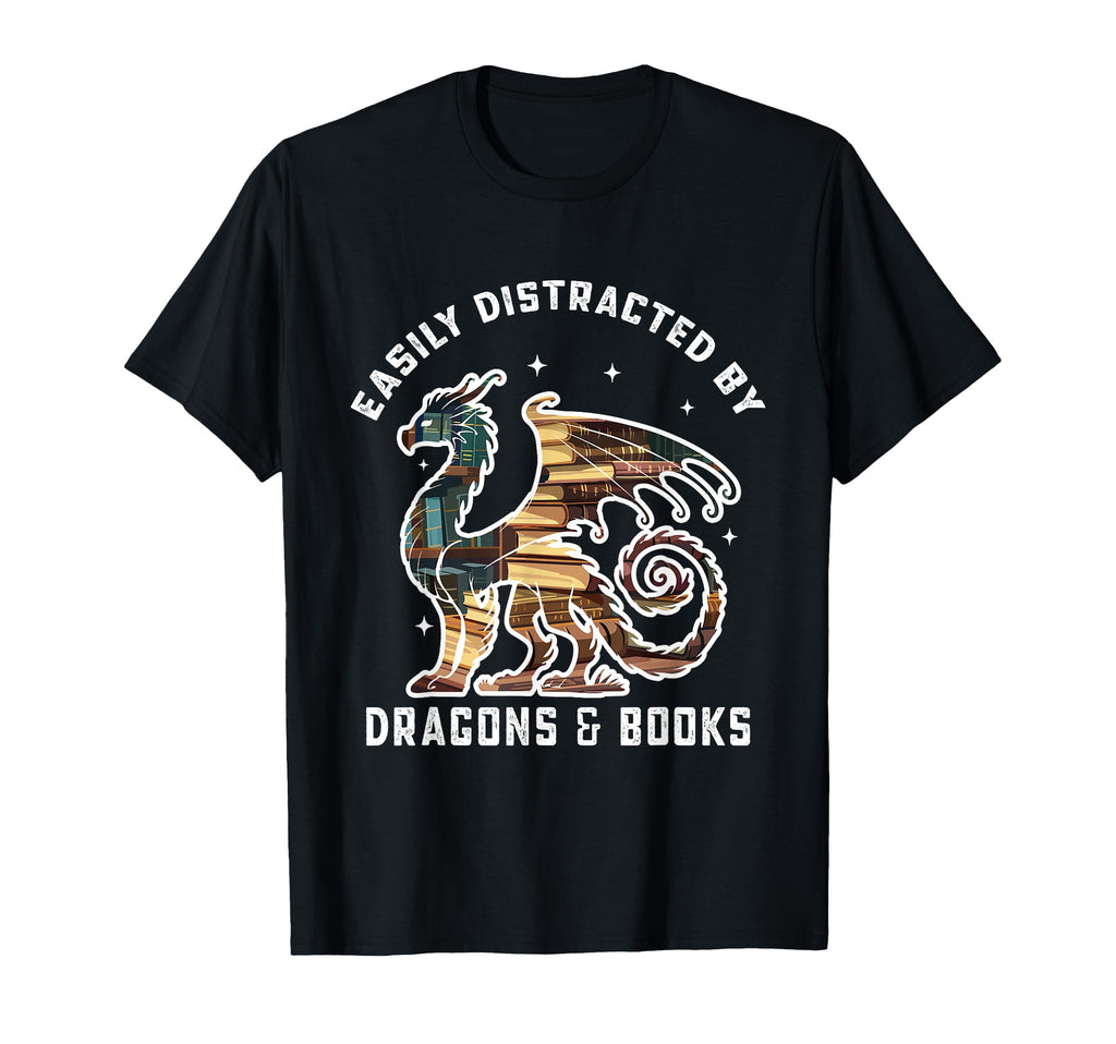 Easily Distracted Dragons And Books Nerd T-Shirt - Minimalist Print Unisex - T-Shirt, Sweatshirt, Hoodie
