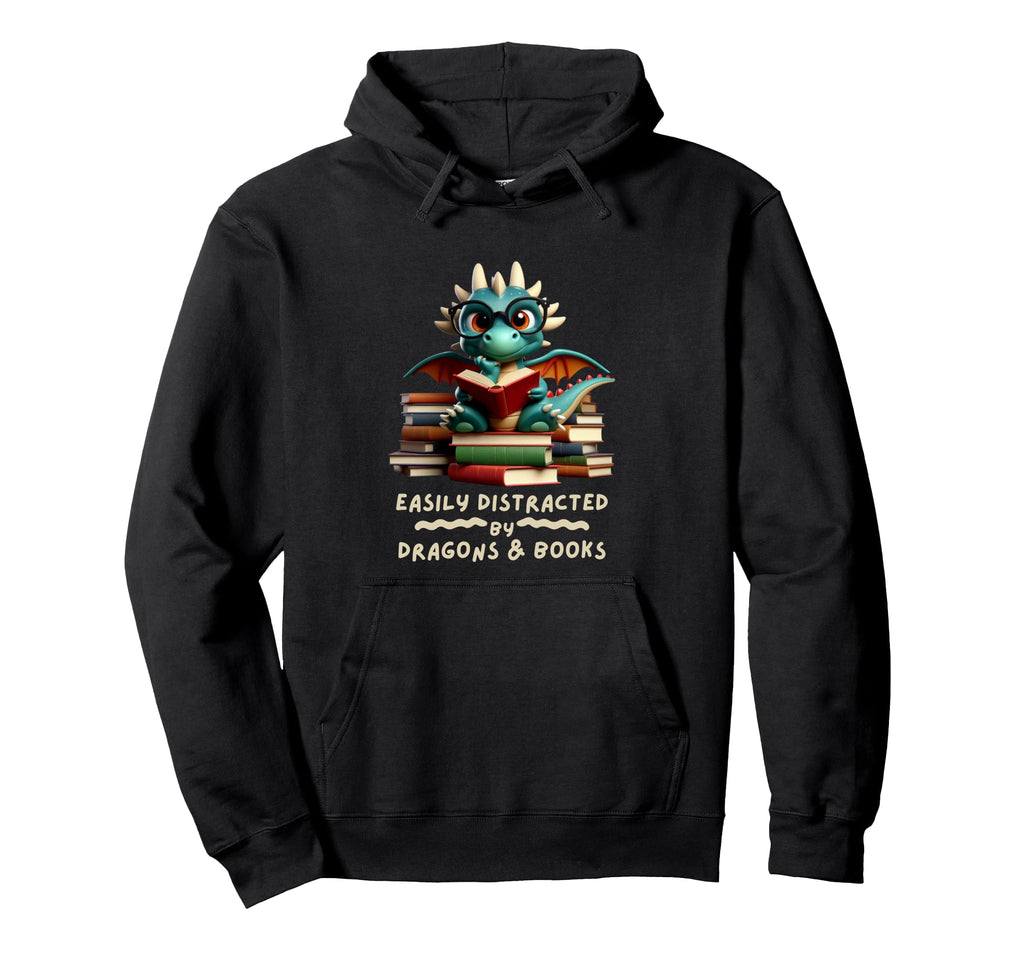 Easily Distracted Dragon And Books 2025 Hoodie - Trendy Graphic for Adults - T-Shirt, Sweatshirt, Hoodie