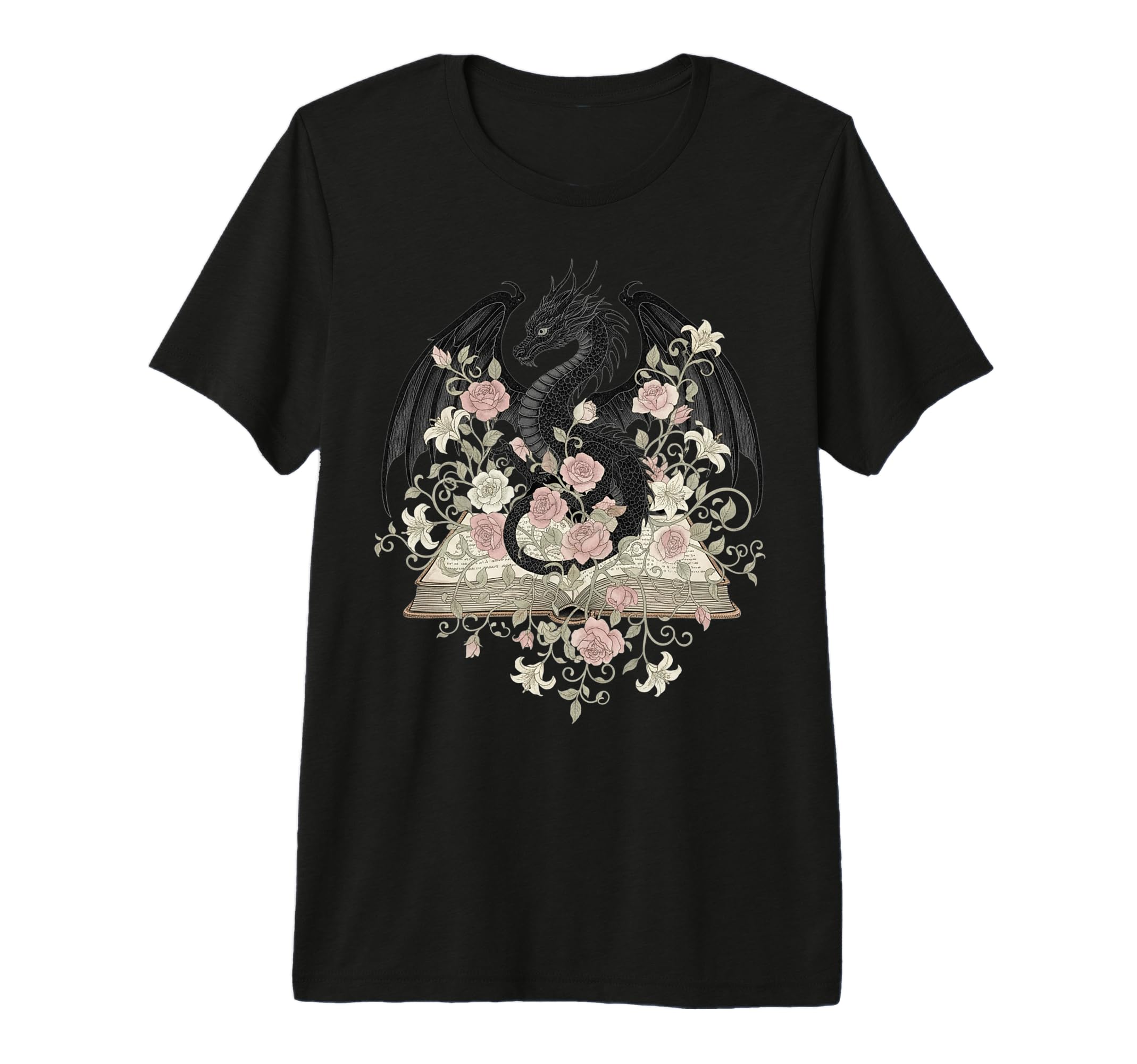 Dragon Open Book Floral Library Fantasy T-Shirt - Unique Graphic Men Women - T-Shirt, Sweatshirt, Hoodie