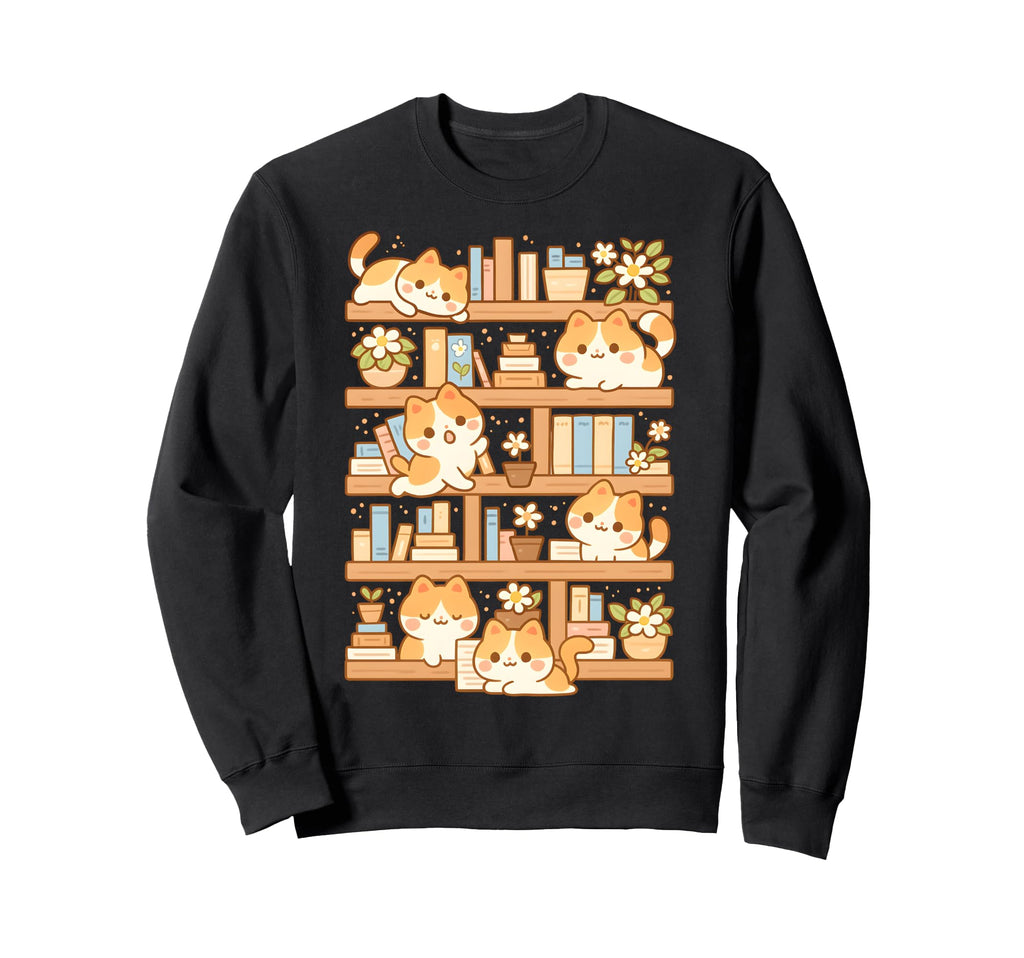 Kawaii Bookshelf Cat Readers Bookworms Sweatshirt - Novelty Apparel Unisex - T-Shirt, Sweatshirt, Hoodie