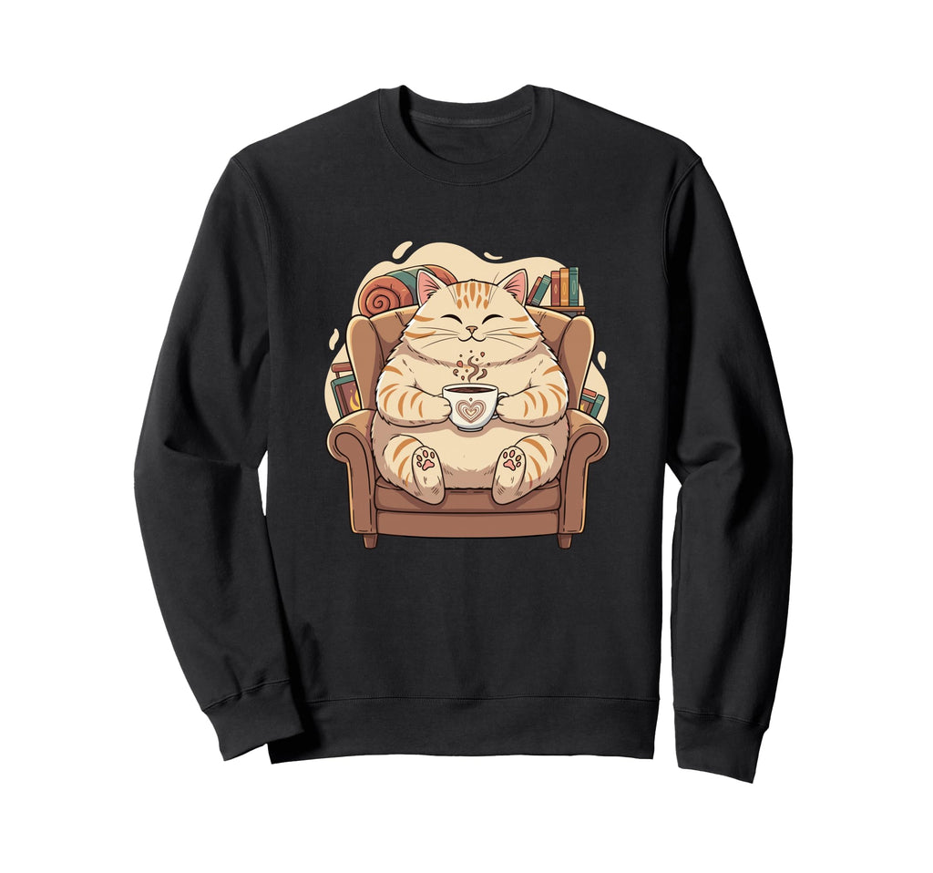 Lazy Cozy Cat Coffee Cup Book Lovers Sweatshirt - Unique Graphic Men Women - T-Shirt, Sweatshirt, Hoodie