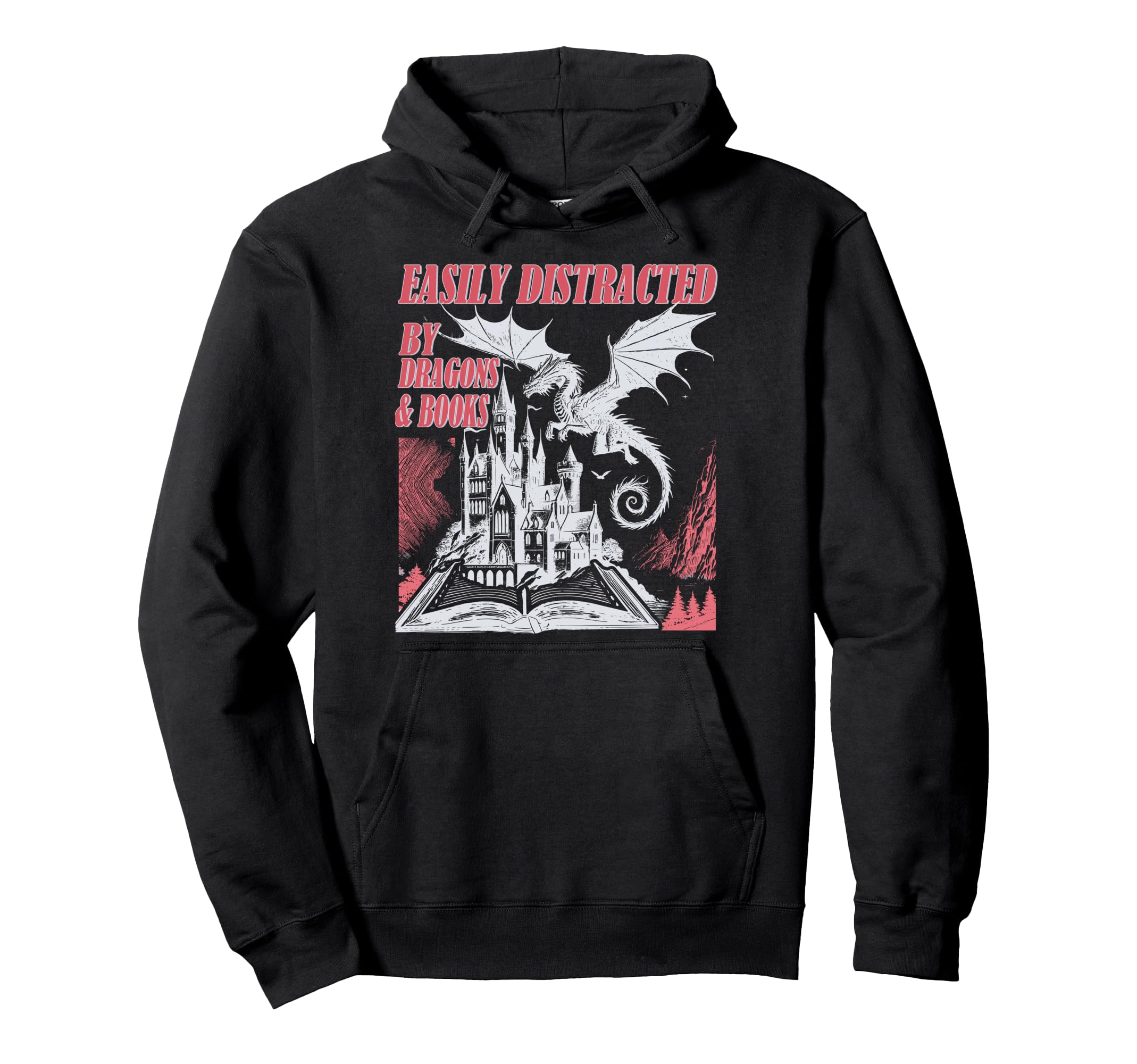 Easily Distracted Dragon And Books Hoodie - Casual Everyday Wear Men Women - T-Shirt, Sweatshirt, Hoodie