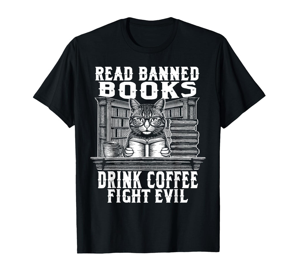 Cat Read Banned Book Drink Coffee T-Shirt - Aesthetic Graphic Men Women - T-Shirt, Sweatshirt, Hoodie