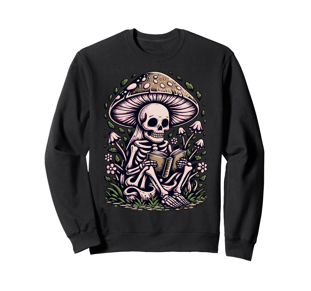 Floral Mushroom Skeleton Reading Book Sweatshirt - Streetwear Style Unisex - T-Shirt, Sweatshirt, Hoodie