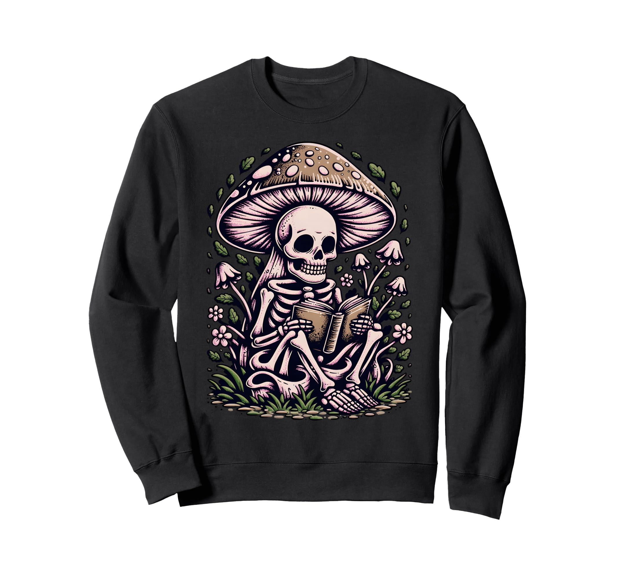 Floral Mushroom Skeleton Reading Book Sweatshirt - Streetwear Style Unisex - T-Shirt, Sweatshirt, Hoodie