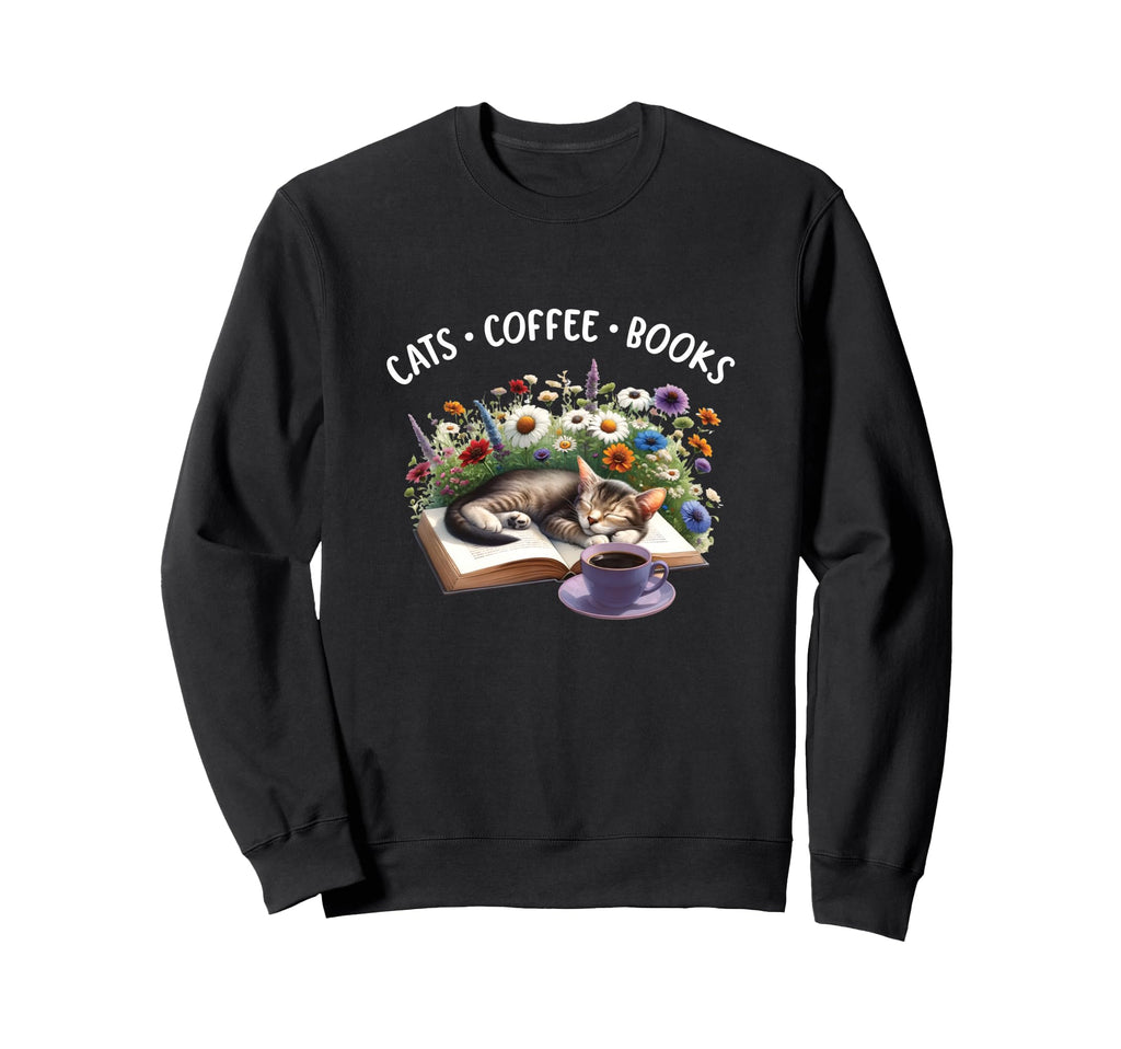Funny Cats Coffee Books Sweatshirt - Fun Novelty Design for Adults - T-Shirt, Sweatshirt, Hoodie