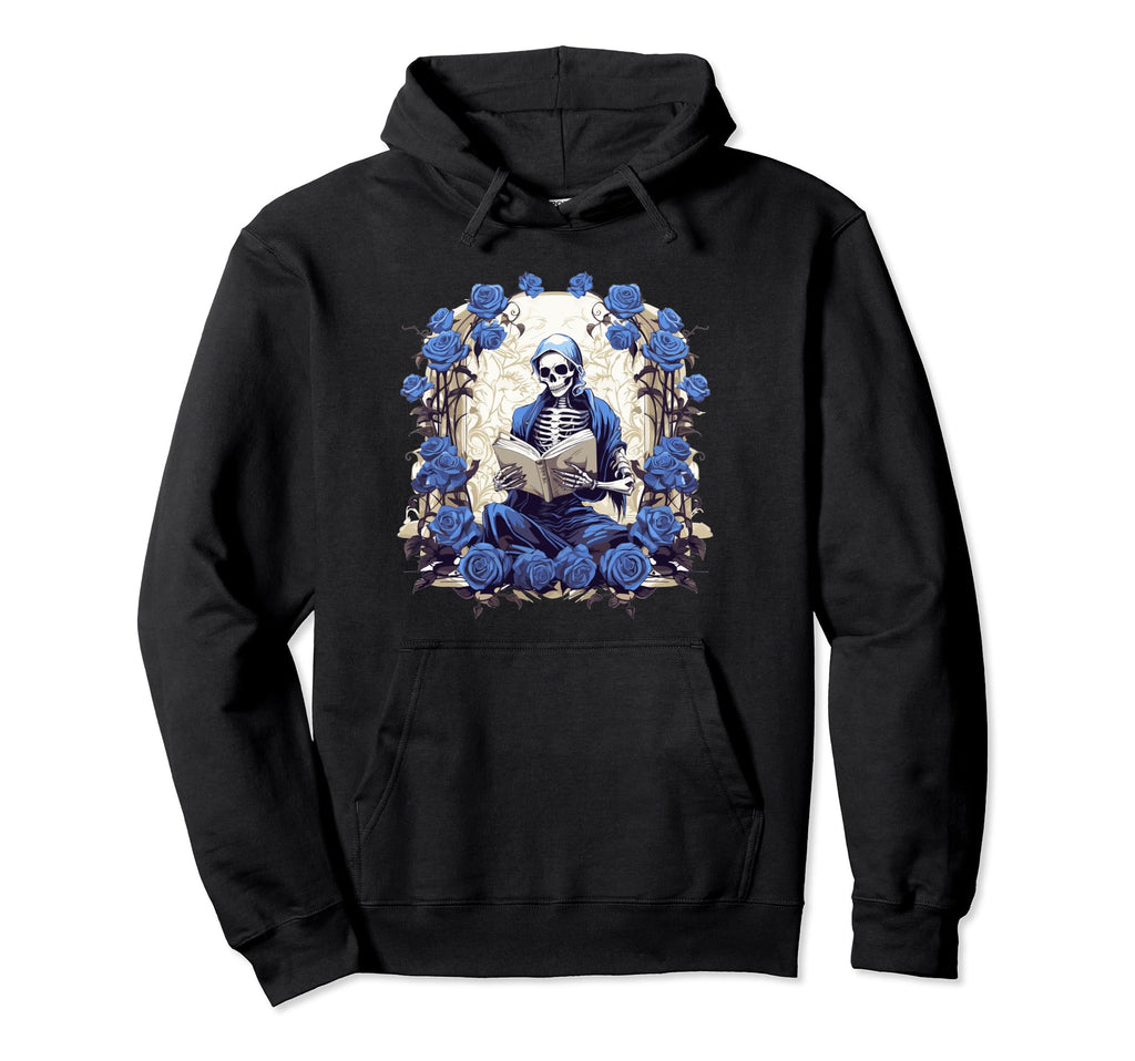 Skeleton Reading Book Lover Floral Blue Hoodie - Trendy Graphic Men Women - T-Shirt, Sweatshirt, Hoodie
