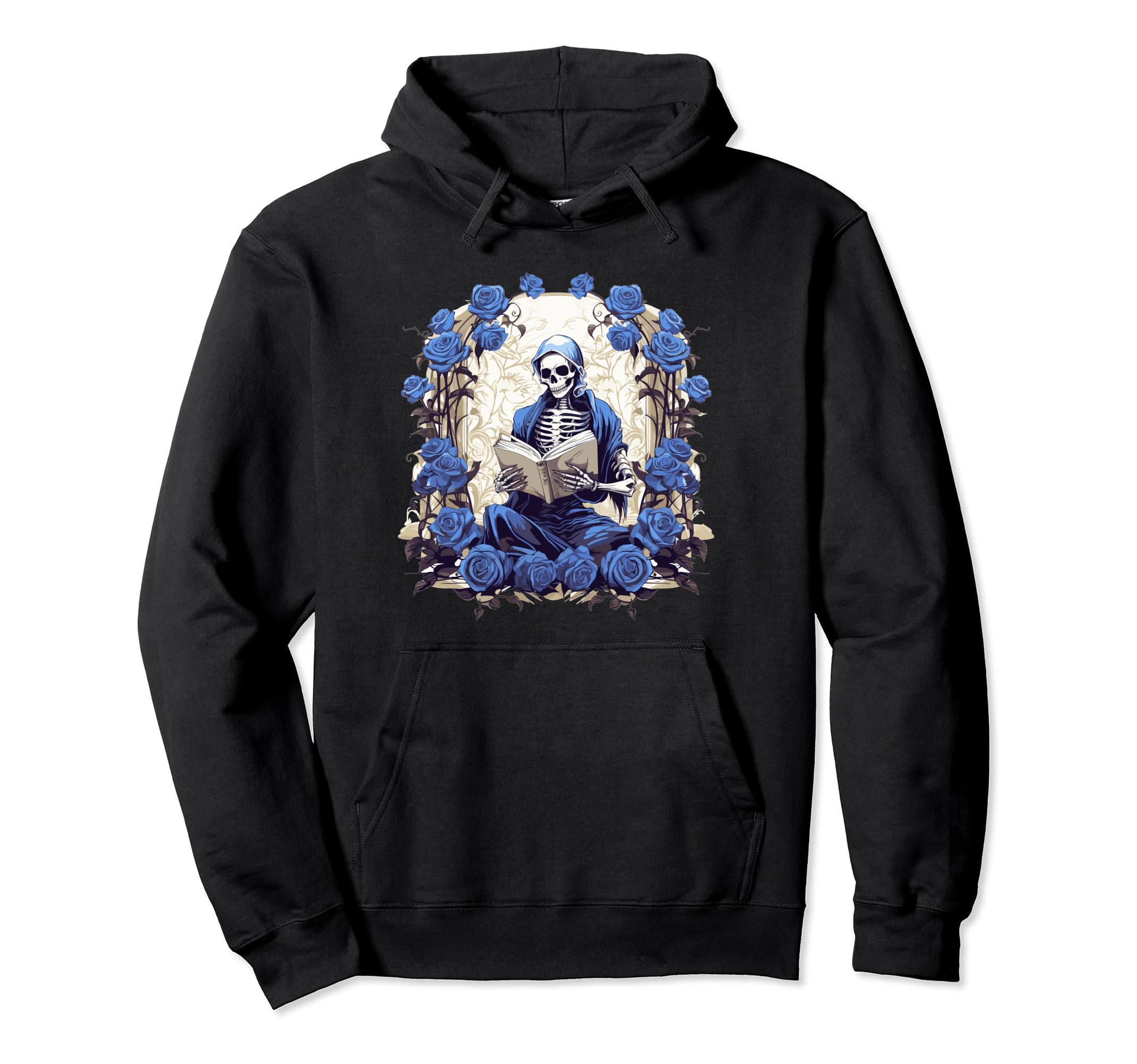 Skeleton Reading Book Lover Floral Blue Hoodie - Trendy Graphic Men Women - T-Shirt, Sweatshirt, Hoodie