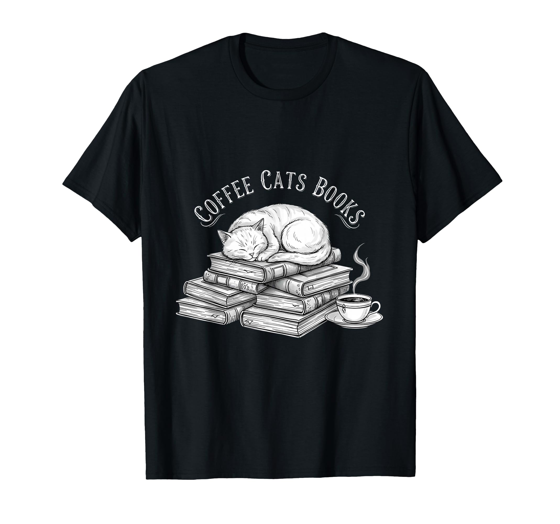 Sleeping Cat Books Coffee Cup Ink T-Shirt - Aesthetic Graphic Unisex - T-Shirt, Sweatshirt, Hoodie