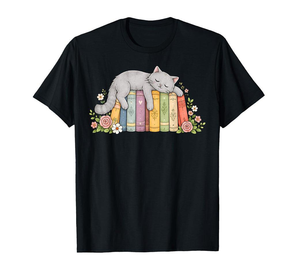 Cat Sleeping Books Book Lover Reading T-Shirt - Custom Art Print Men Women - T-Shirt, Sweatshirt, Hoodie