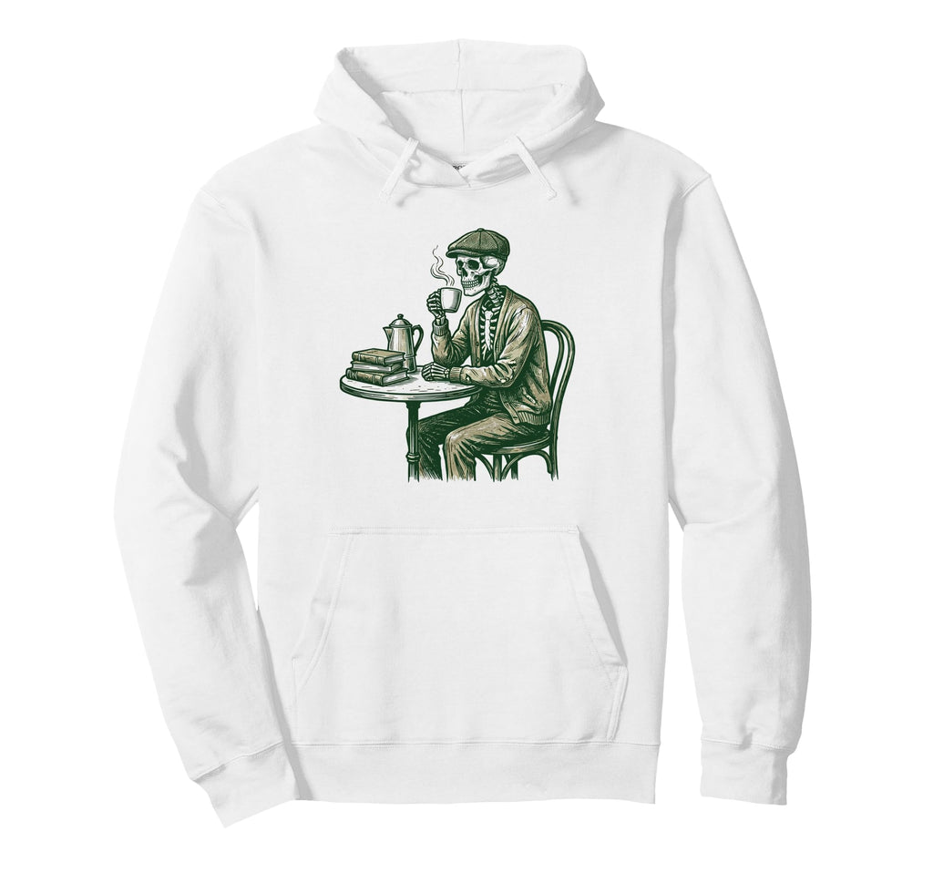 Skeleton Old Coffee Books Hoodie - Fun Novelty Design for Adults - T-Shirt, Sweatshirt, Hoodie