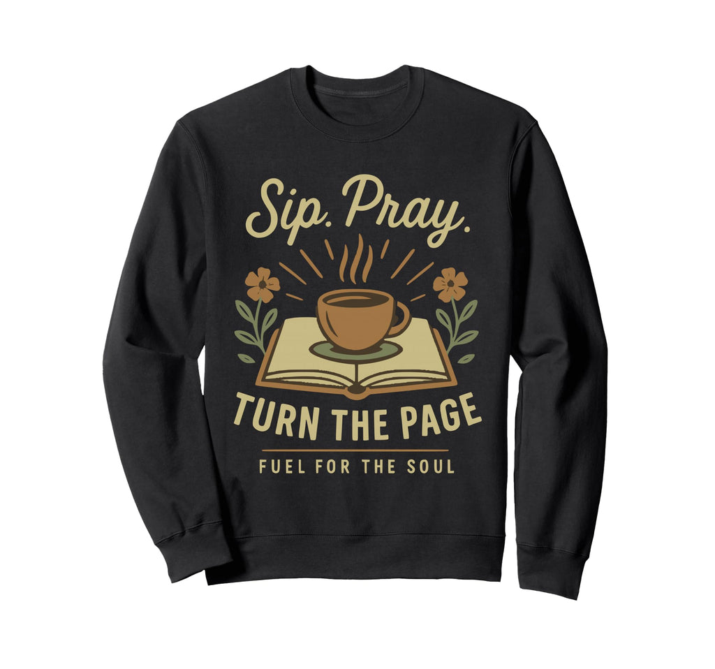 Sip Pray Turn Page Coffee Book Sweatshirt - Minimalist Print for Adults - T-Shirt, Sweatshirt, Hoodie