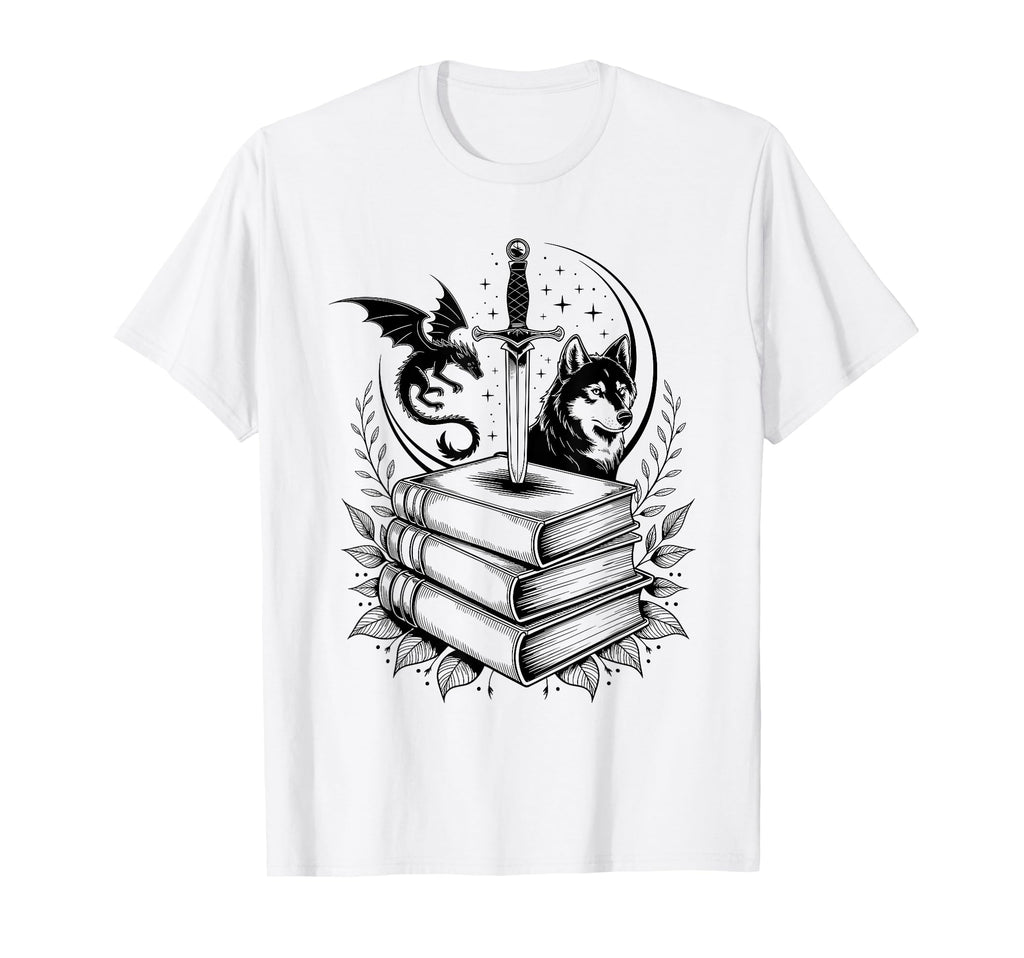 Stack Books Dragon And Wolf Bookworm T-Shirt - Casual Everyday Wear Unisex - T-Shirt, Sweatshirt, Hoodie