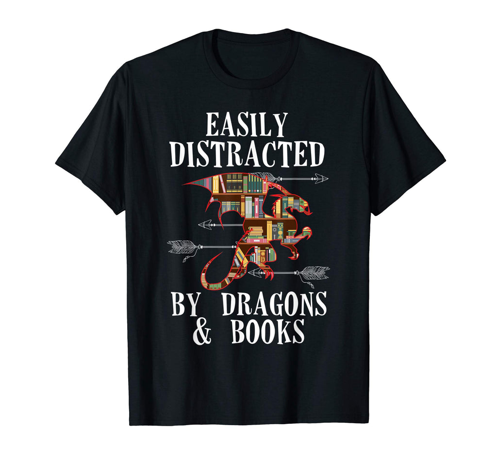 Easily Distracted Dragon And Books Funny T-Shirt - Trendy Graphic Unisex - T-Shirt, Sweatshirt, Hoodie