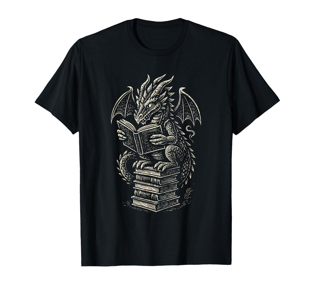 Fantasy Dragon Reading Books Librarian T-Shirt - Minimalist Print Unisex - T-Shirt, Sweatshirt, Hoodie