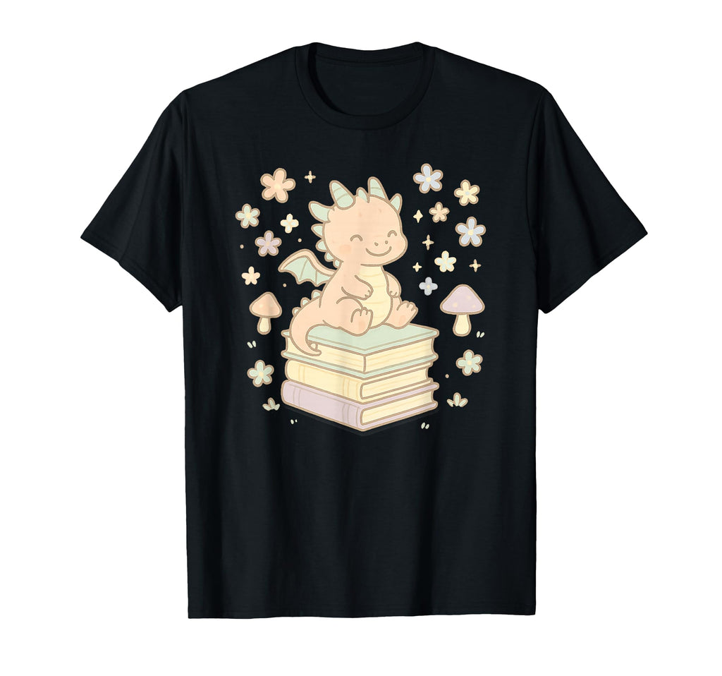 Dragon Mushrooms Sitting Books Fantasy Art T-Shirt - Graphic Print Unisex - T-Shirt, Sweatshirt, Hoodie