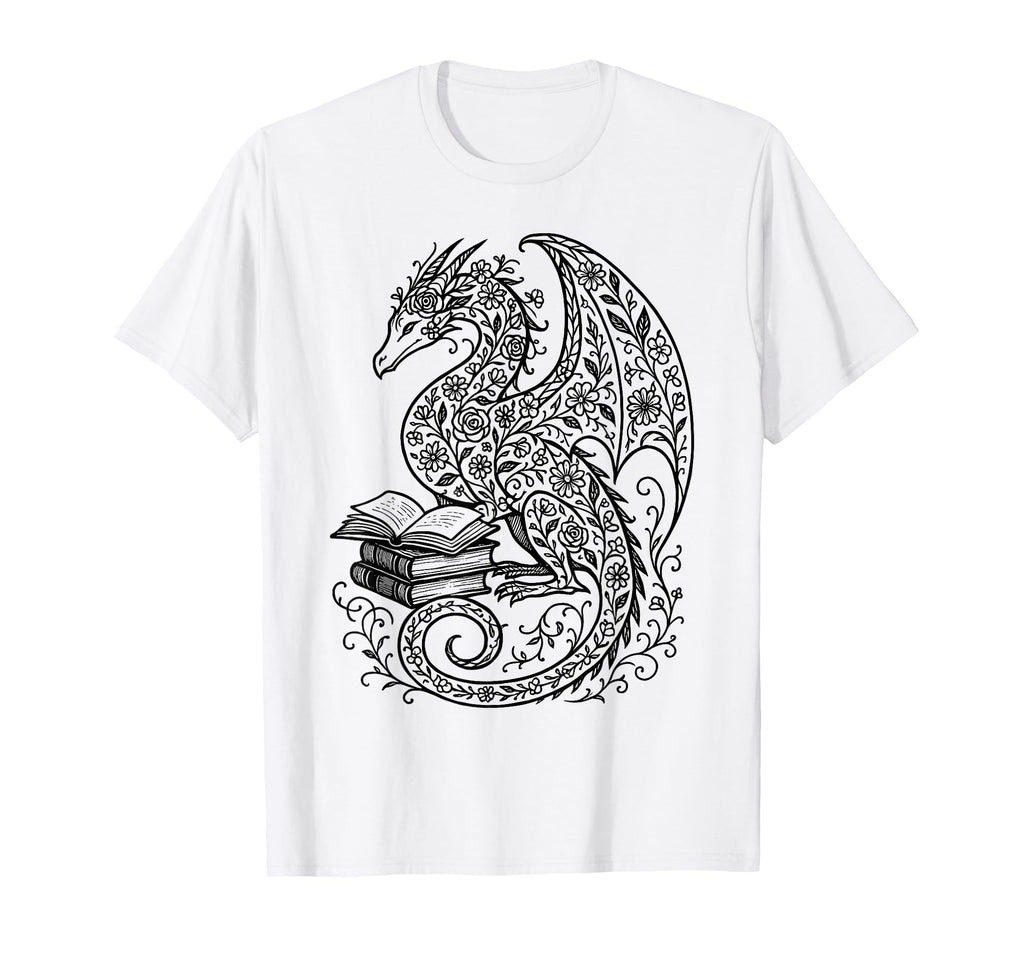Floral Dragon Reading Books Bookworm T-Shirt - Aesthetic Graphic for Adults - T-Shirt, Sweatshirt, Hoodie