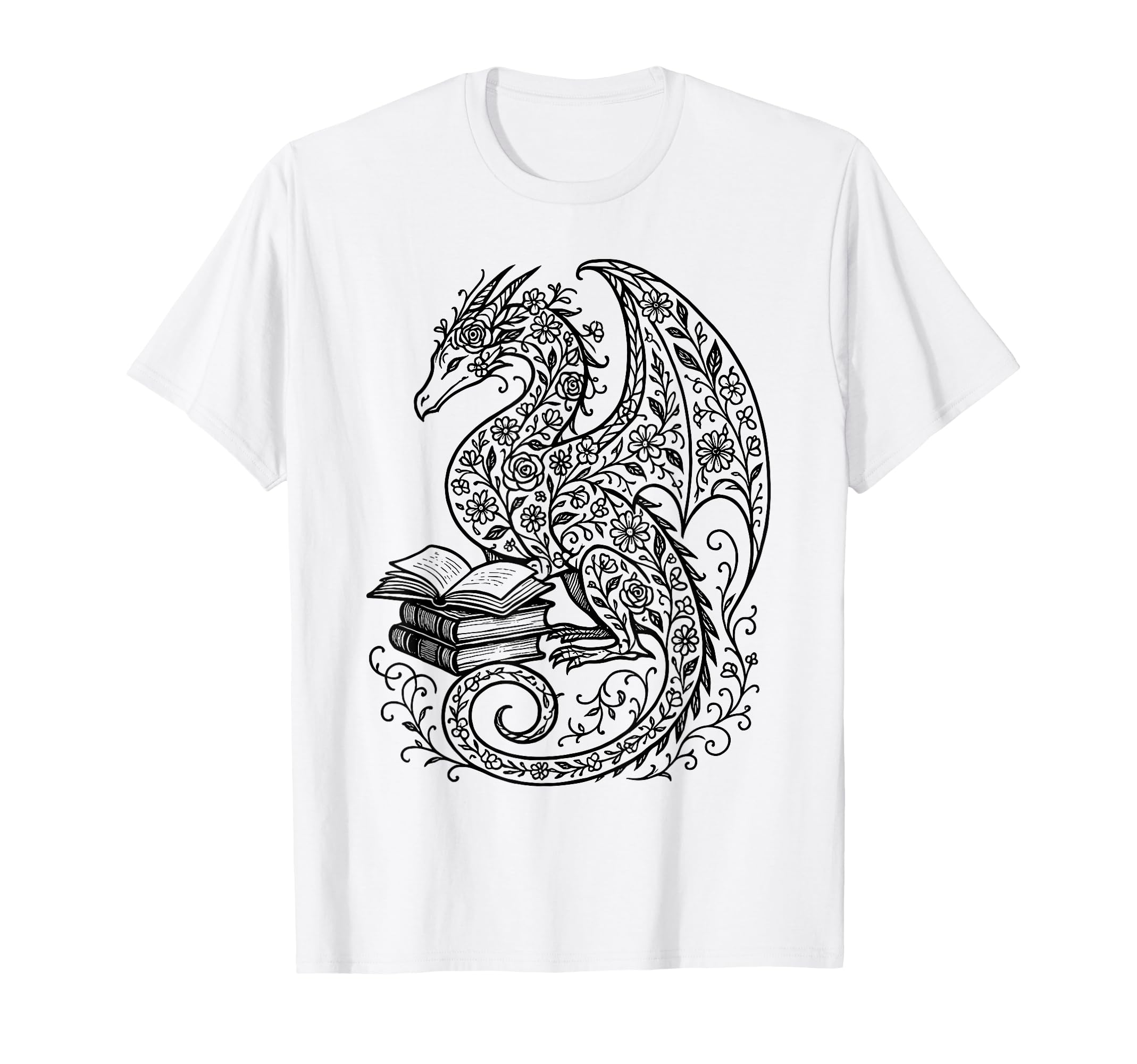 Floral Dragon Reading Books Bookworm T-Shirt - Aesthetic Graphic for Adults - T-Shirt, Sweatshirt, Hoodie