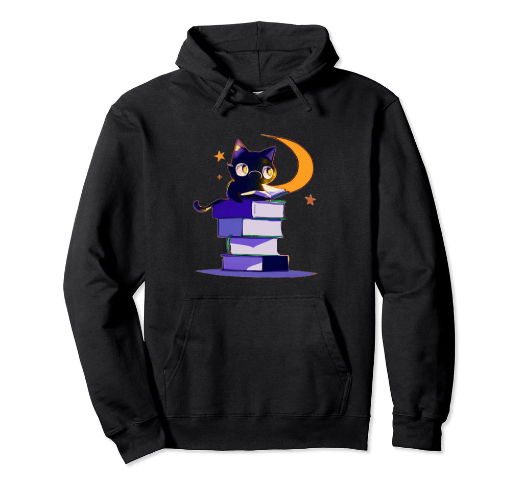 Black Cat Glasses Reading Books Hoodie - Fun Novelty Design Men Women - T-Shirt, Sweatshirt, Hoodie