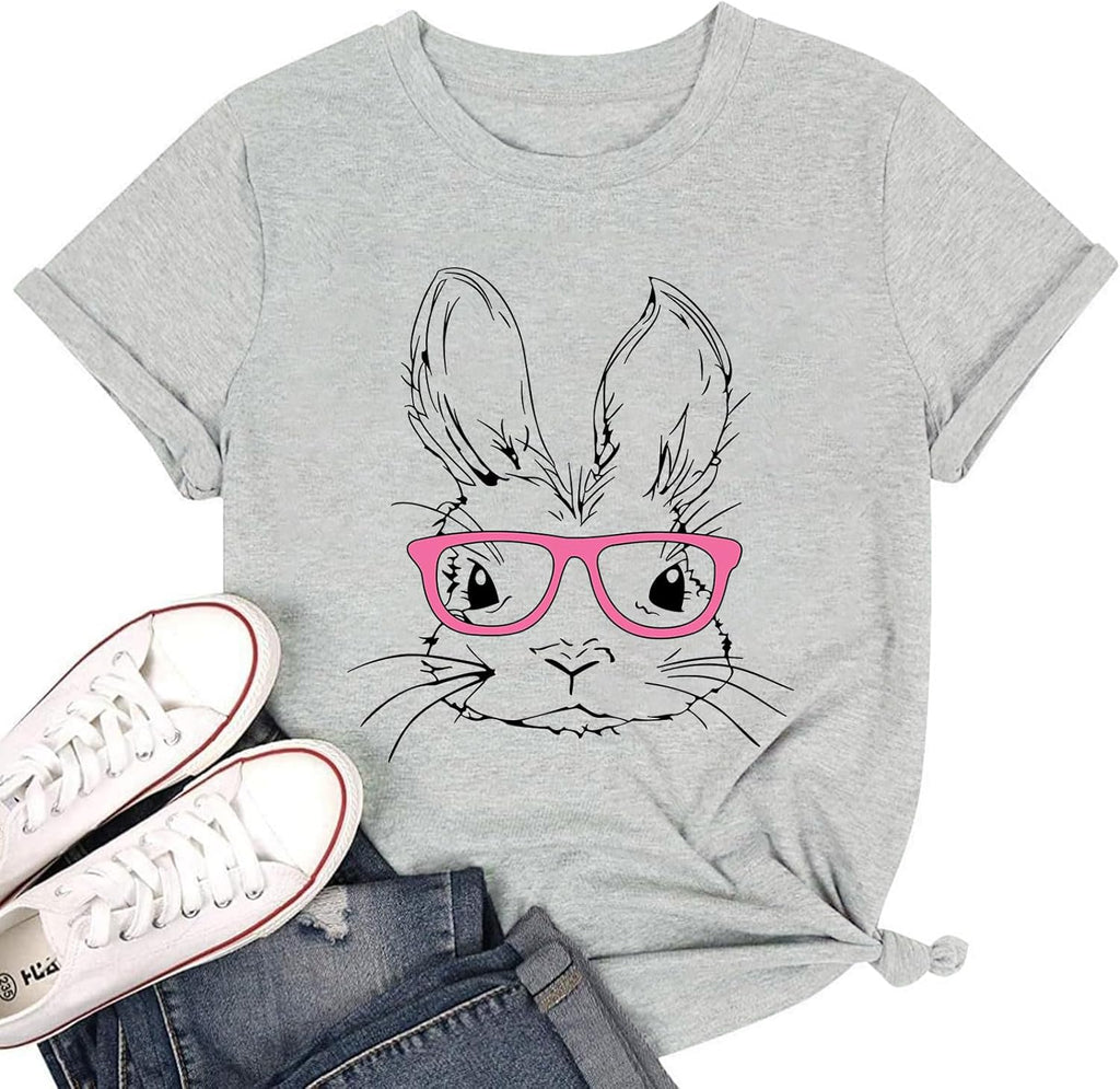 Happy Easter Shirts for Women Funny Bunny Print T-Shirt Short Sleeve Rabbit Graphic Tees Tops - T-Shirt, Sweatshirt, Hoodie