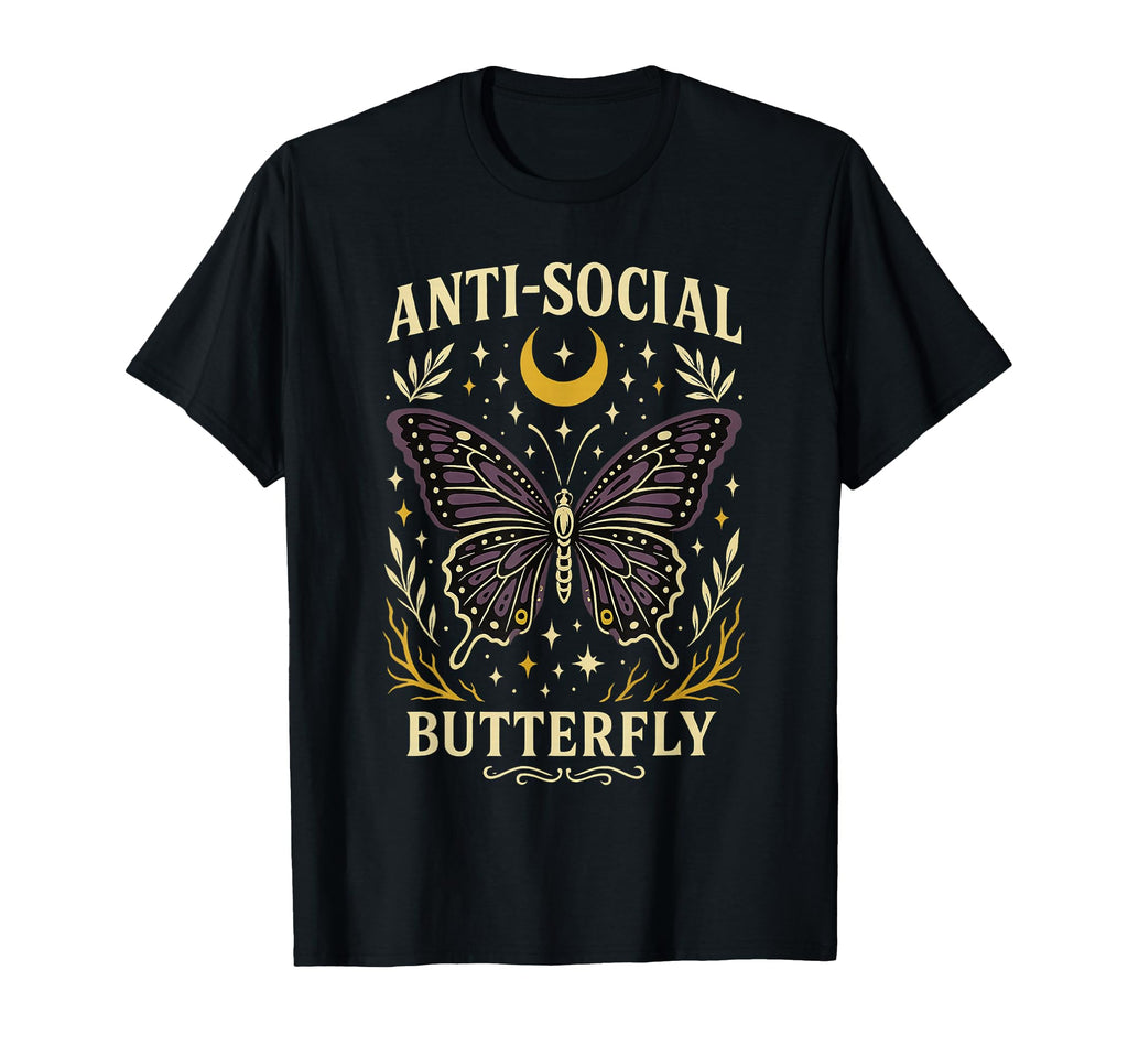Anti Social Butterfly Moon Stars Funny T-Shirt - Unique Graphic Unisex - T-Shirt, Sweatshirt, Hoodie
